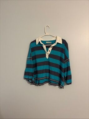 We The Free Teal and Navy Striped Rugby Polo